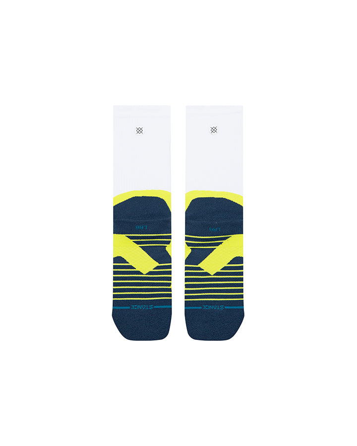 Stance Pace light crew socks, white legs with neon yellow graphic stripes and navy toe