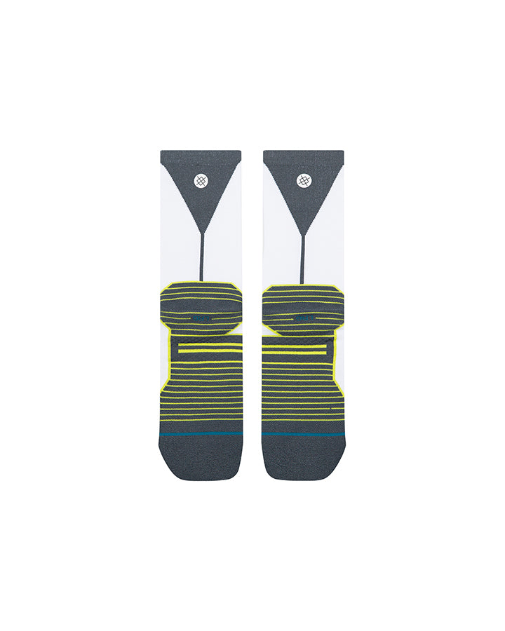 Crew socks set with white upper, dark knit foot, neon yellow-green ribbed bands.
