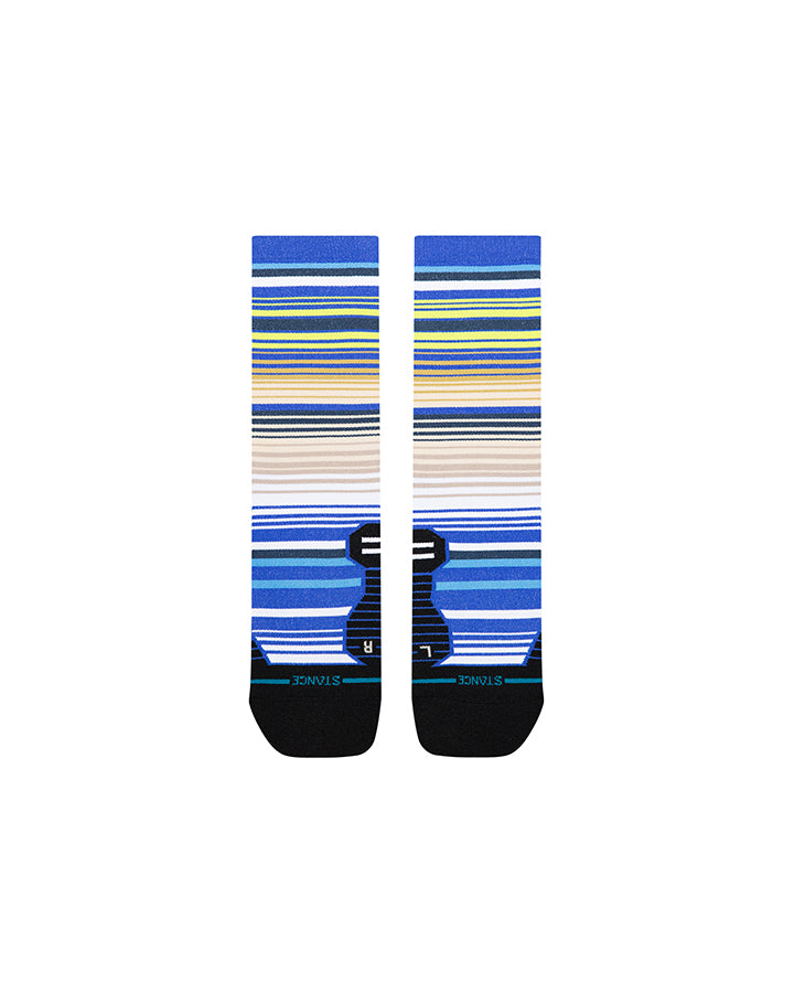 Light crew socks, striped cuffs in blue and yellow with black foot panels