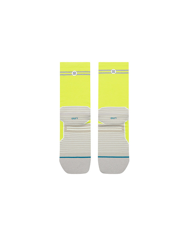 Neon yellow crew socks with reflective cuff stripes and gray ribbed foot