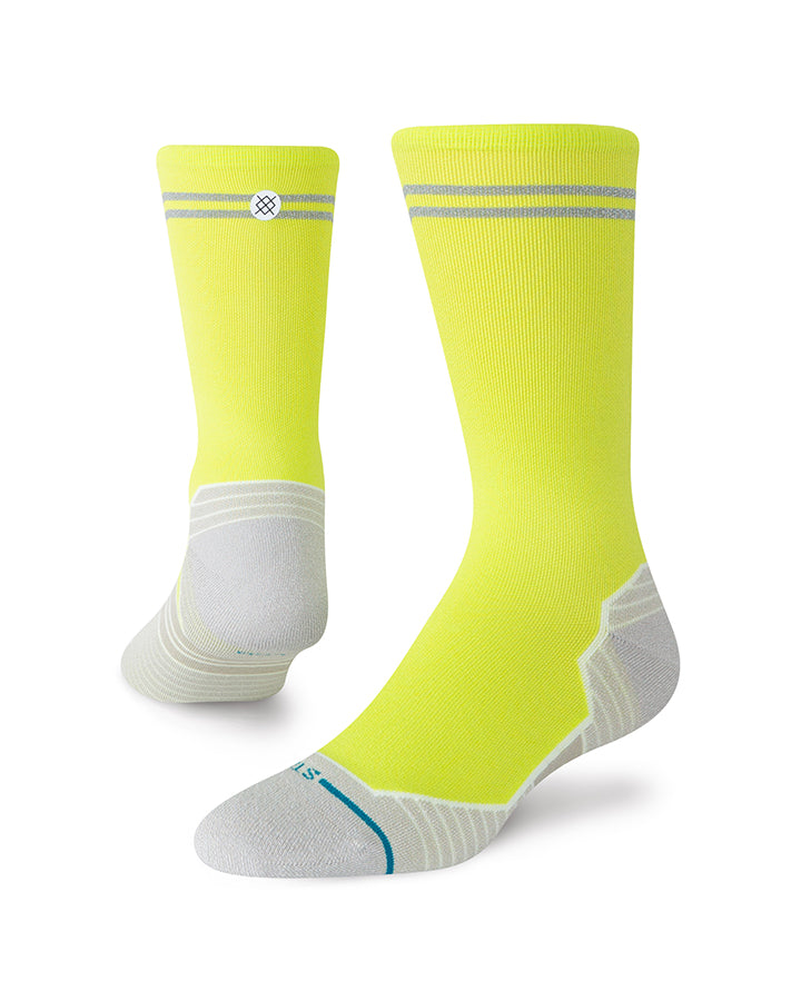 Neon yellow crew socks with gray toe/heel and reflective bands