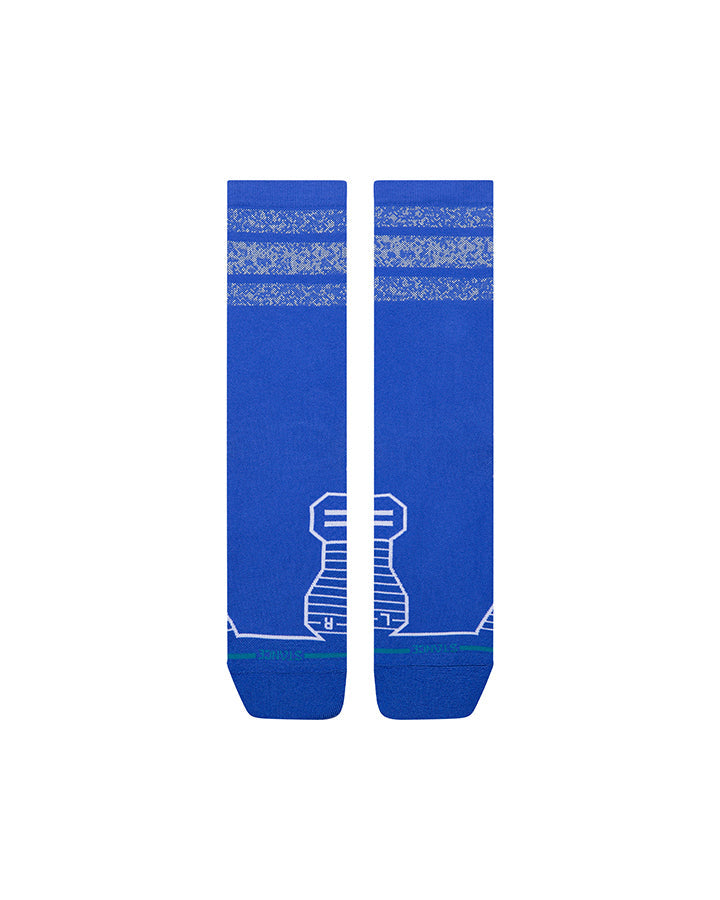 Cobalt blue crew socks with reflective geometric logo and lined heel