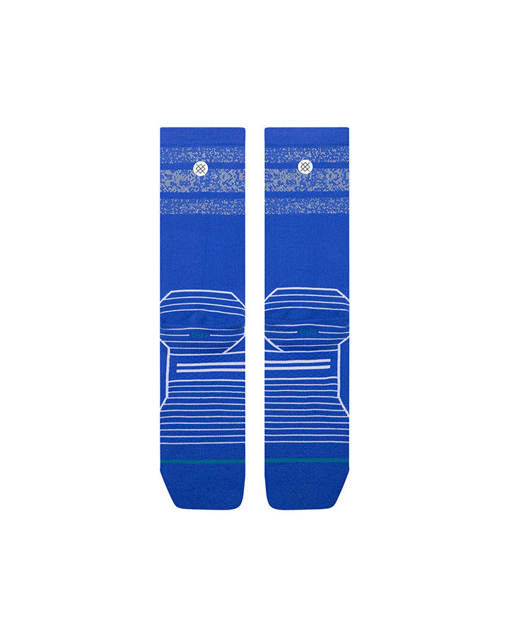 Cobalt blue crew socks with reflective stripes and small logo on ribbed top
