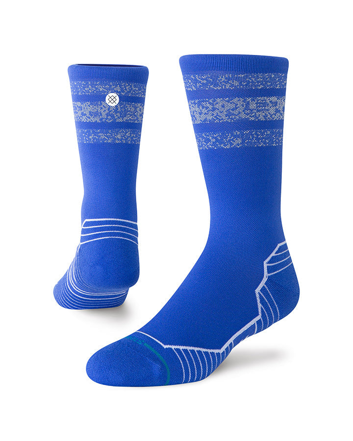 Cobalt blue light crew socks with reflective pattern and ribbed cuffs