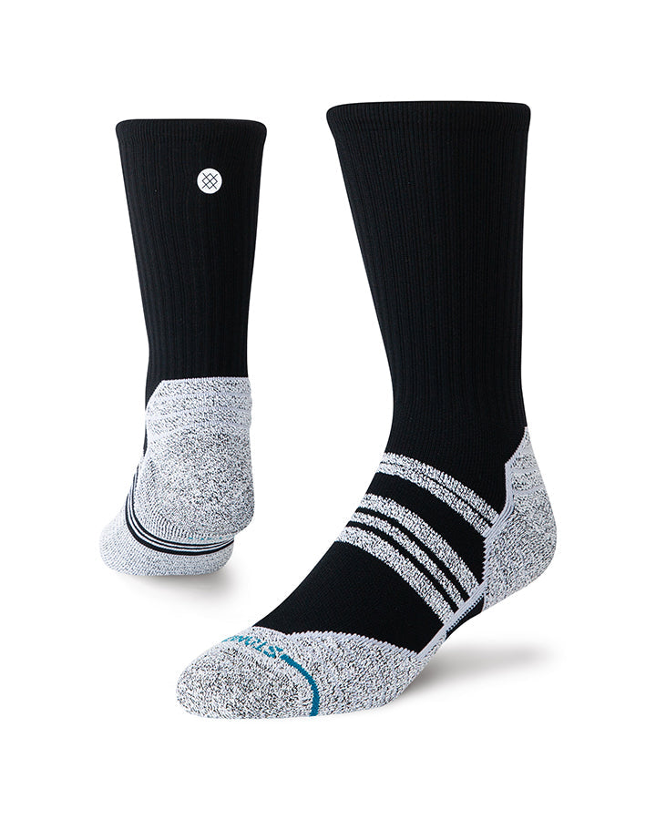 Black crew socks with gray speckle panels and striped ankle cuffs