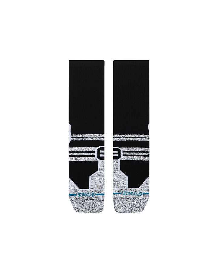 Pair of black crew socks with gray speckled foot, heel, and double stripe