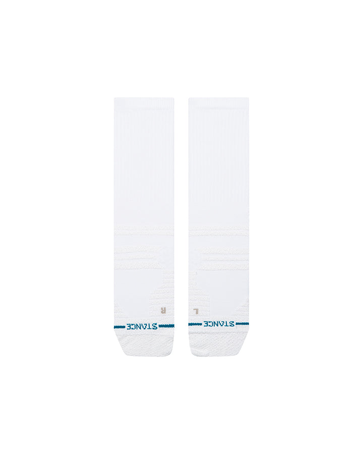 White crew socks with ribbed leg, banded foot, blue branding near the toe.
