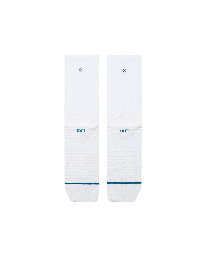 White crew socks with top logo and blue heel band, ribbed leg, cushioned foot.