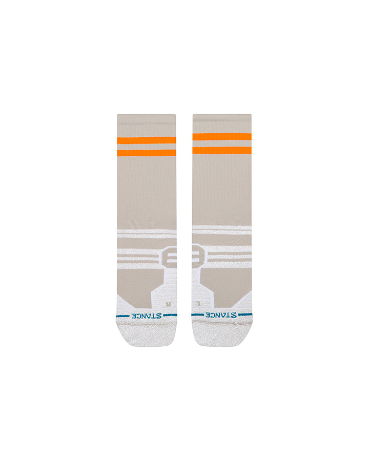 Pair of light grey crew socks with orange horizontal bands and teal accents