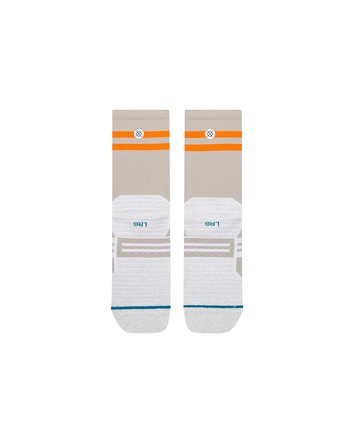 Light grey crew socks with orange top stripes and ribbed lower design with teal