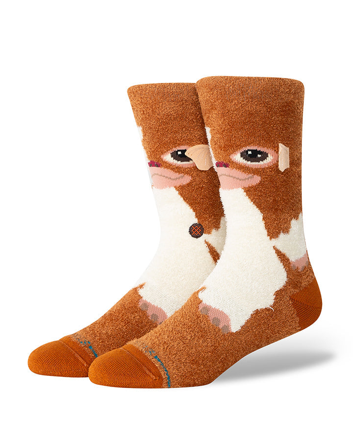 Brown crew socks with cartoon animal face graphic and ribbed cuff