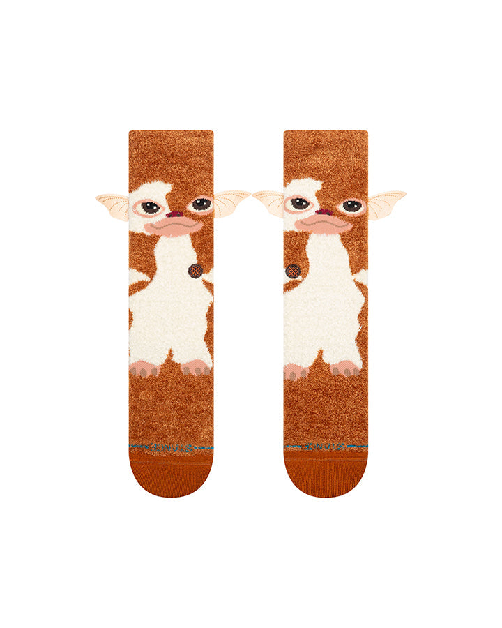 Brown crew socks with cartoon animal face graphic, front view of pair