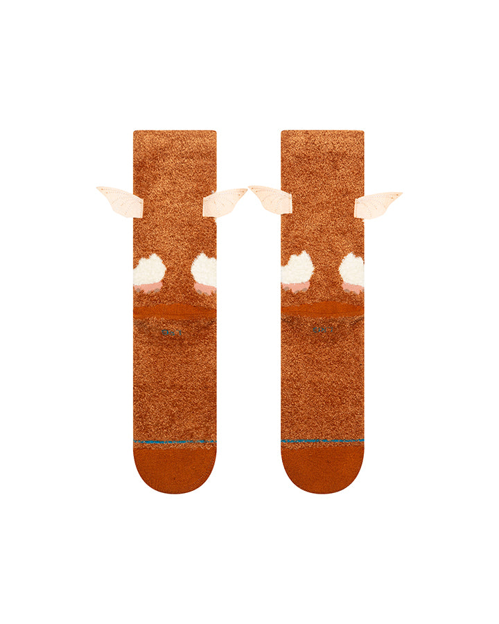 Brown crew socks with cartoon animal graphic on both legs
