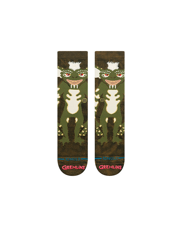 Dark green crew socks with two-sided gremlin character print and small “Gremlins” text