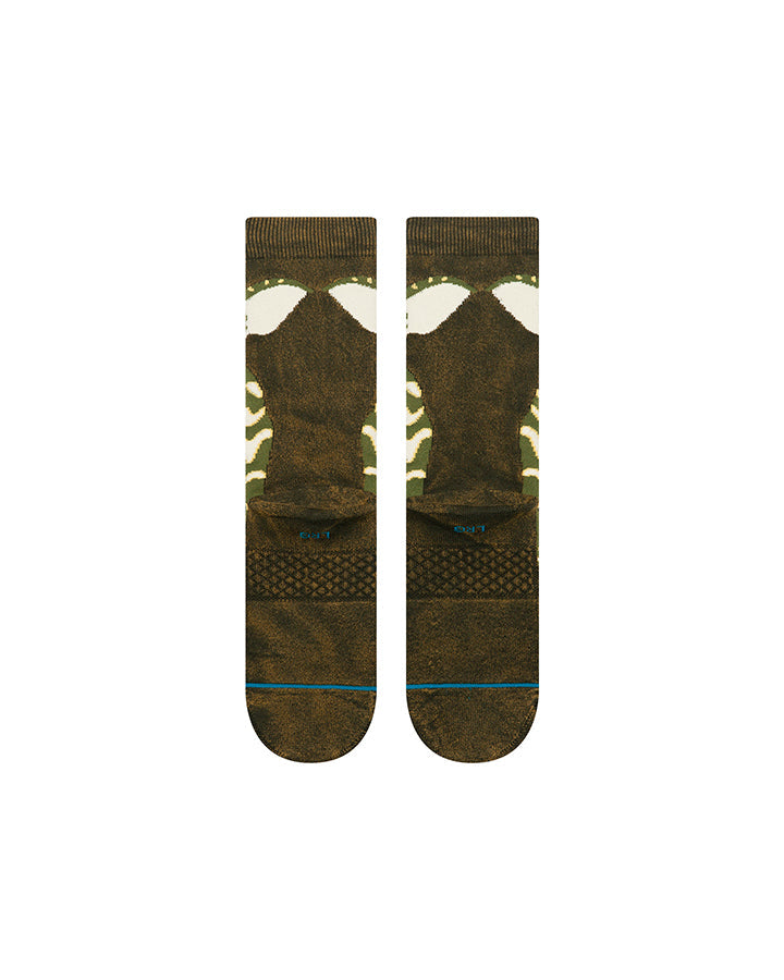 Dark green crew socks with camo-like panels and contrasting heel and toe stripes