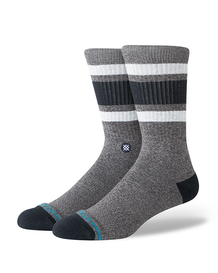 Charcoal crew socks with gray and black horizontal stripes, small logo at ankle