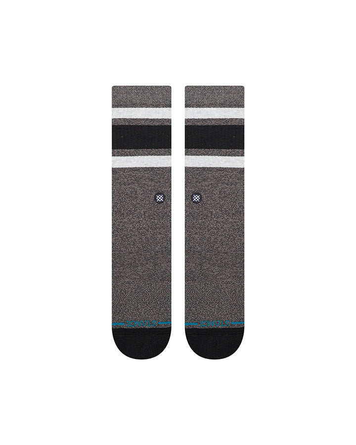 Charcoal crew socks, two pairs shown front view with striped pattern and logo on cuff