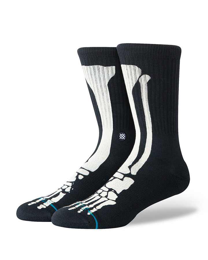 Black crew socks with white skeleton-bone graphic and small blue accents