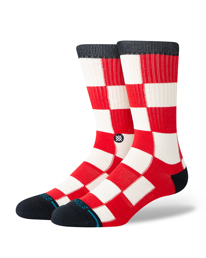 Red and white checker crew socks with black toe and heel