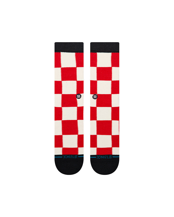 Red-and-white check crew socks with black cuffs and dark soles