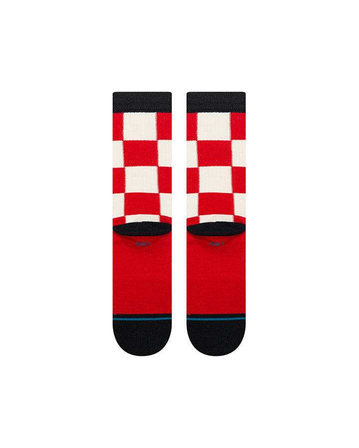 Crew socks with red lower leg, white check upper, and black toe caps