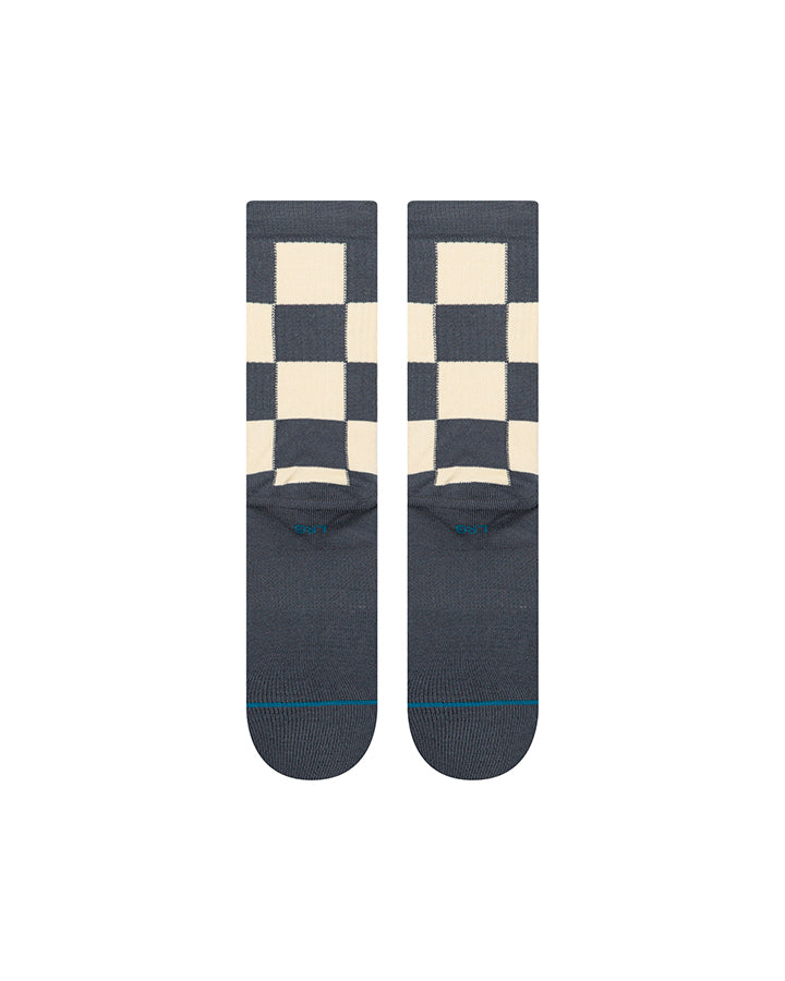 Crew socks with navy solid lower half, cream checkerboard upper, and blue trim