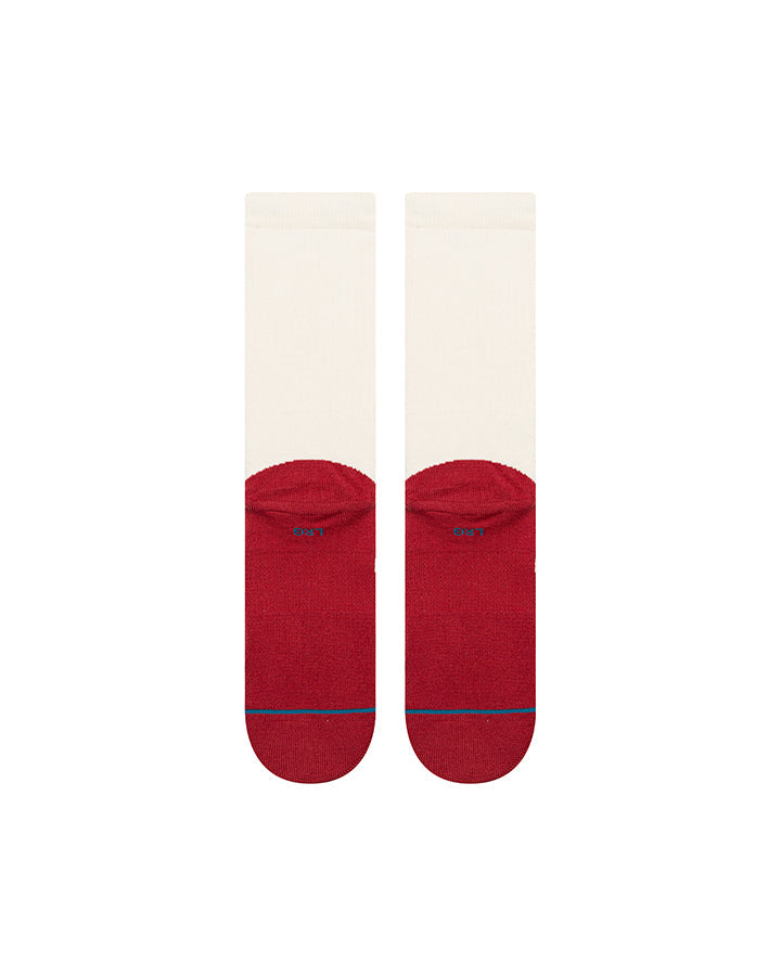 Crew socks with red lower half and white upper, cushioned sole seam detail