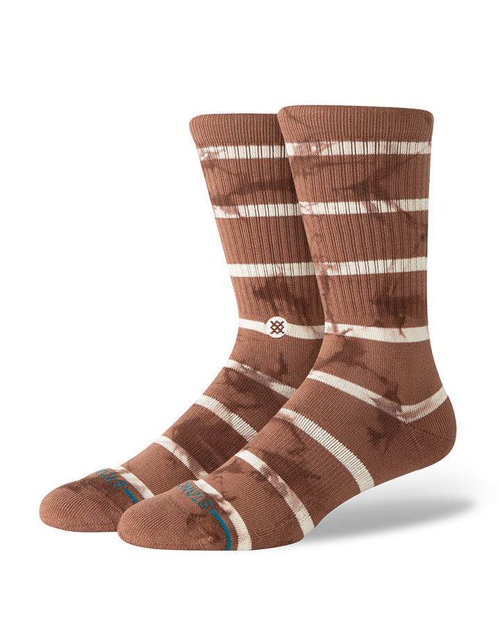 Stance crew socks in brown with bold horizontal stripes and small logo near the ankle