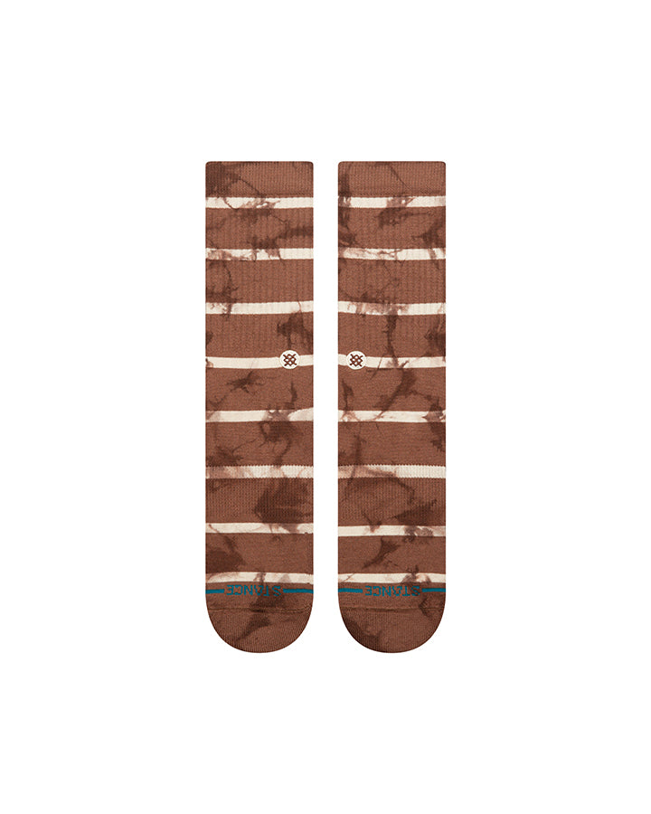Stance brown crew socks with horizontal stripe pattern and small logo at midfoot