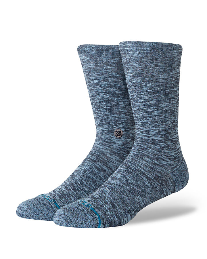 Stance slub crew socks, heather navy blue with blue heel and toe and small ankle logo
