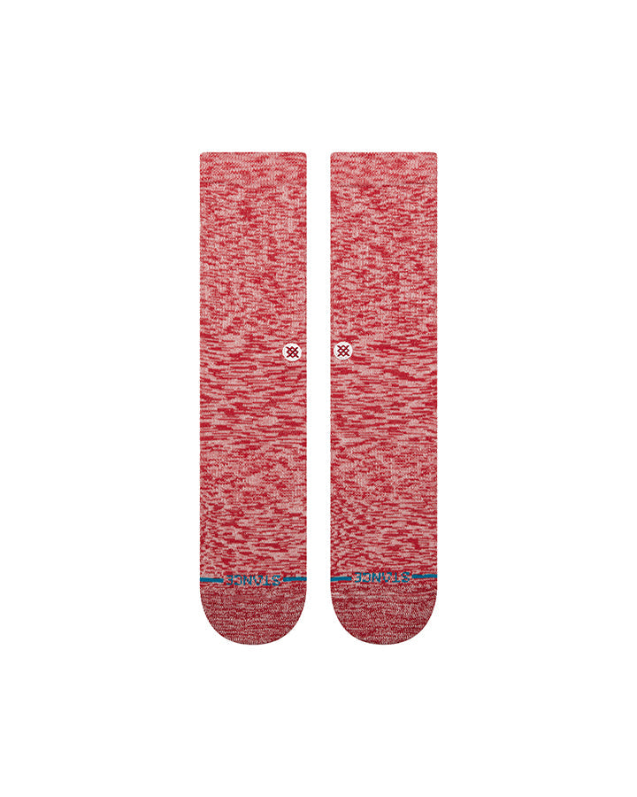 Stance slub crew socks, heathered red pair view with ribbed cuffs and logo