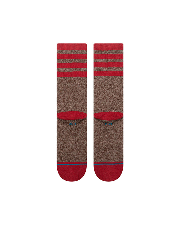 Brown crew socks with red striped cuffs and red toe trim, pair shown from front