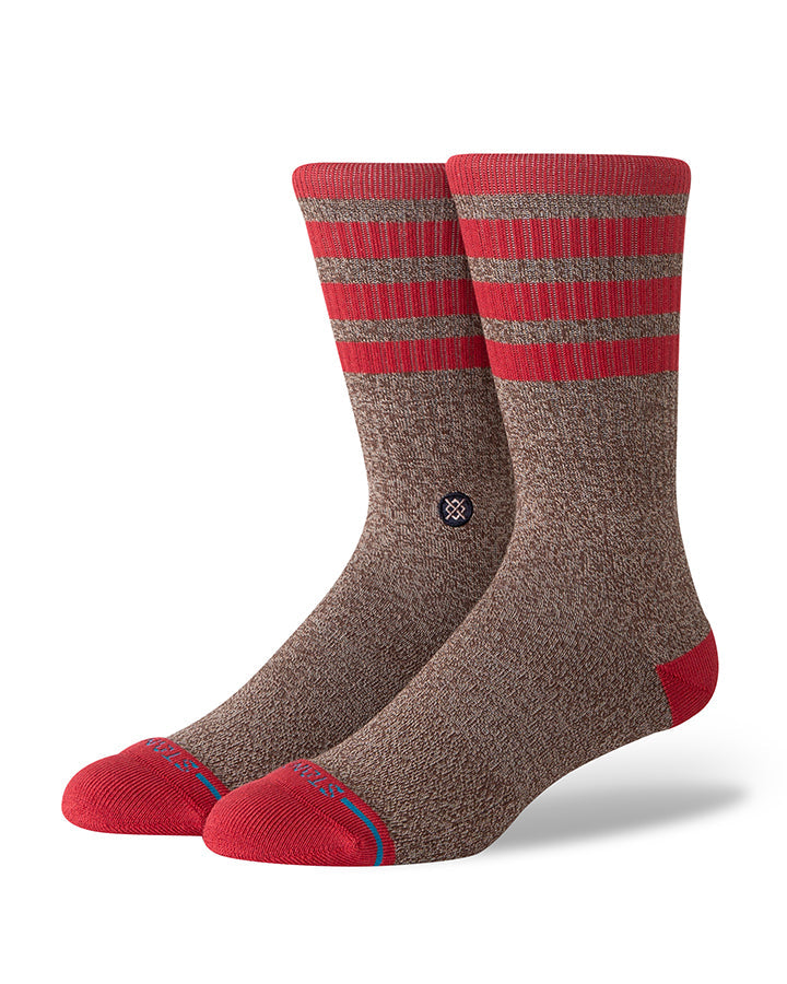 Crew socks in brown with red striped cuffs, red heel and toe, small ankle logo