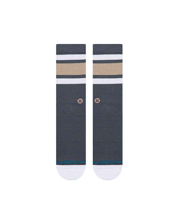 Dark crew socks with horizontal tan, white, and blue stripes; small circular logo