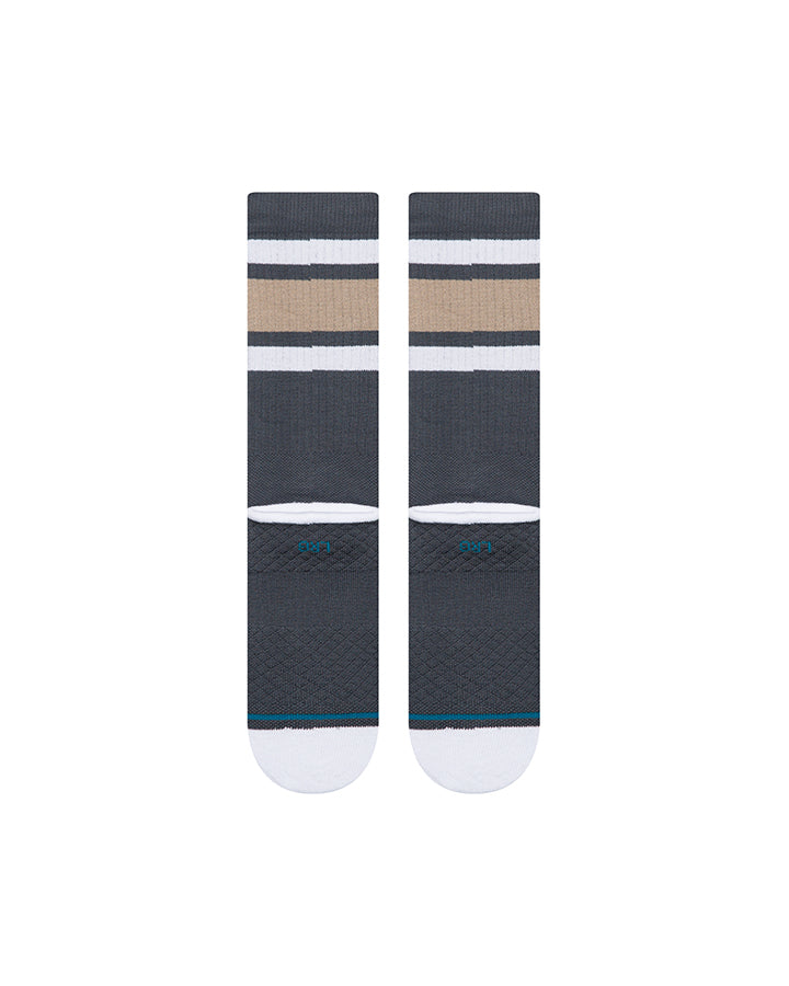 Navy crew socks with tan and white stripe banding, circular logo on cuff
