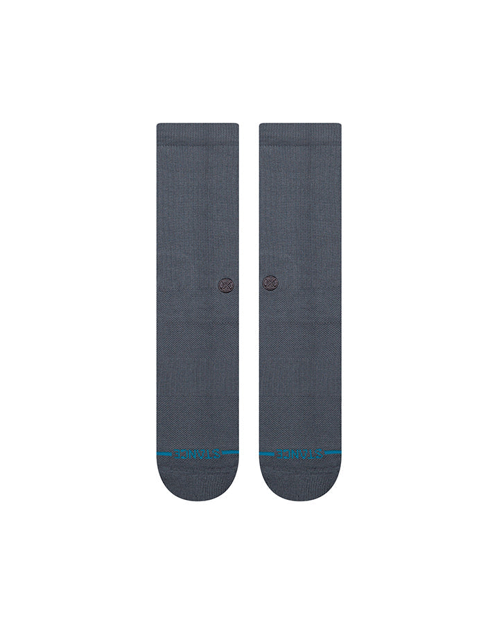 Crew socks, two-pack view: dark blue with small logo and teal bottom stripe.