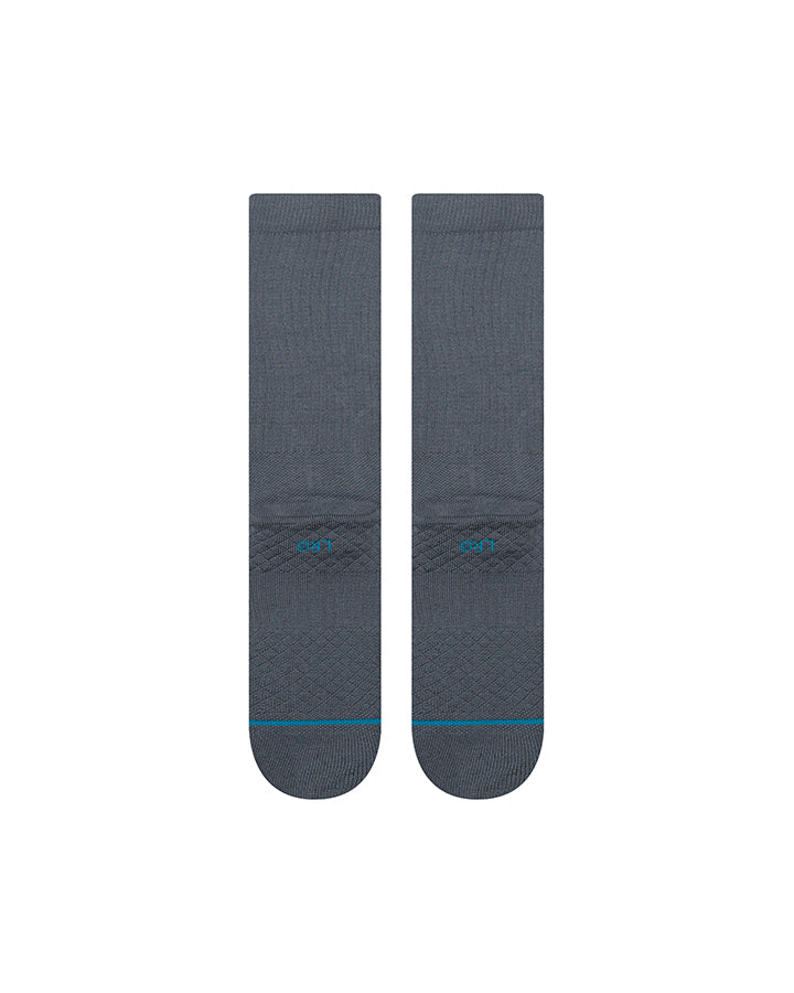 Crew socks, two-pack view: dark blue with subtle logo at midfoot and teal line.