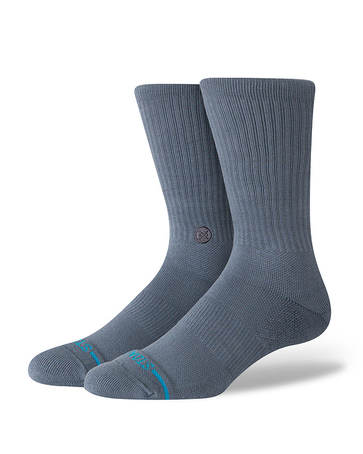 Crew socks in heathered blue with teal heel and toe stripe accents.