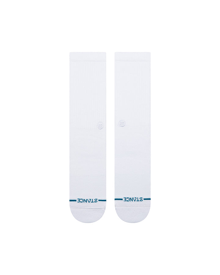 White crew socks, back view, with blue stripe text at foot and small logo