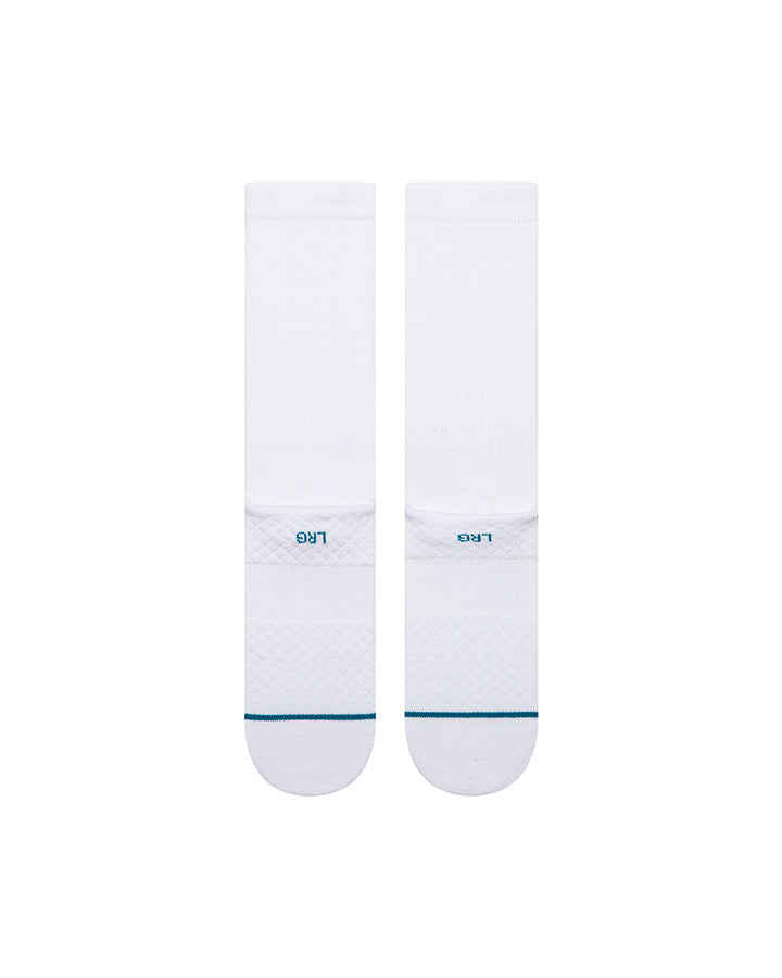 White crew socks with blue stripe logo at ankle and small mark at toe