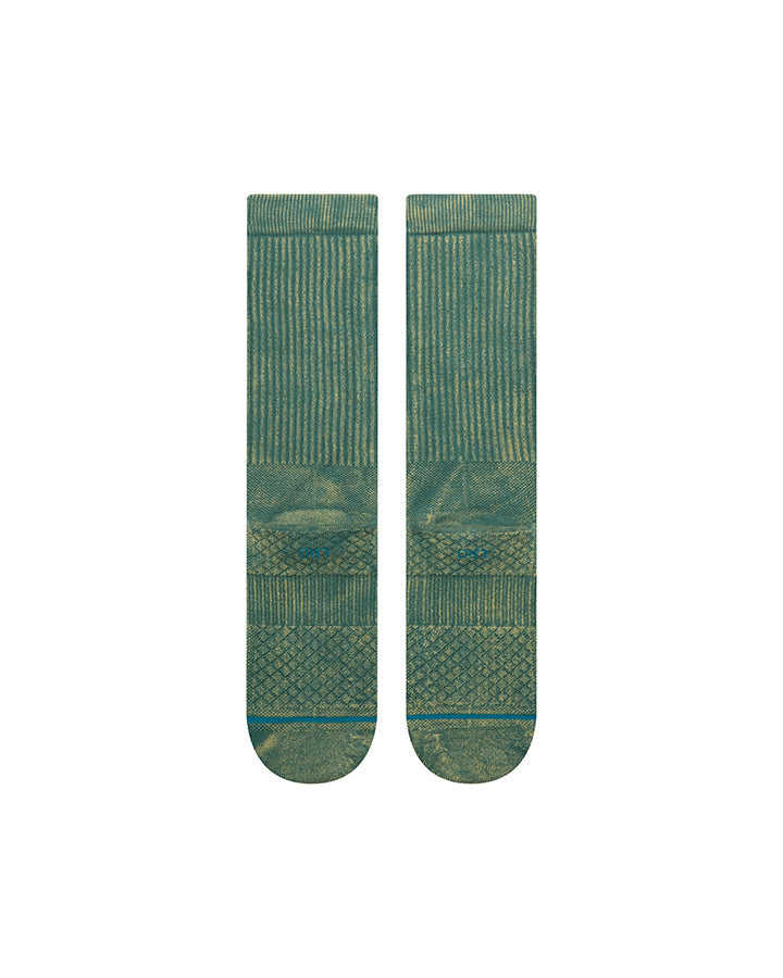 Teal crew socks pair with patterned knit across foot and heel sections