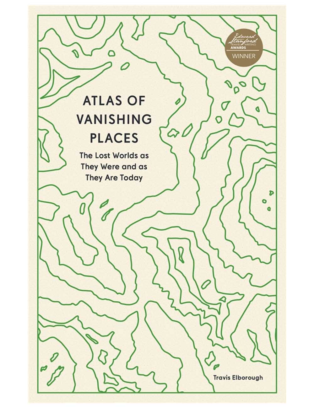 Book cover of 'Atlas of Vanishing Places' with green line art and text on a white background