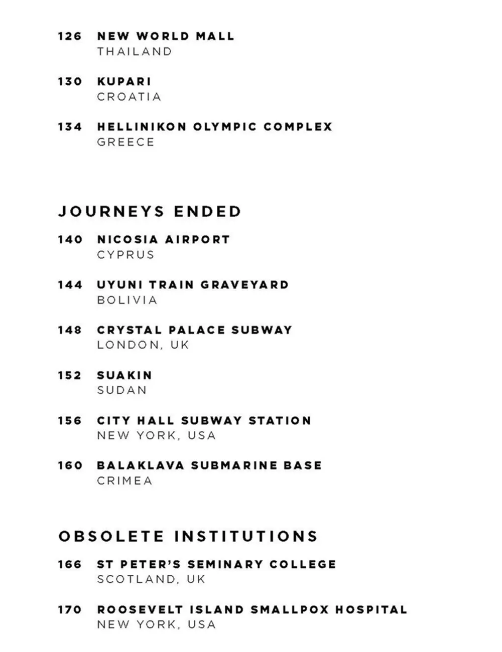 Book contents page showing 'Journeys Ended' section and listing abandoned destinations