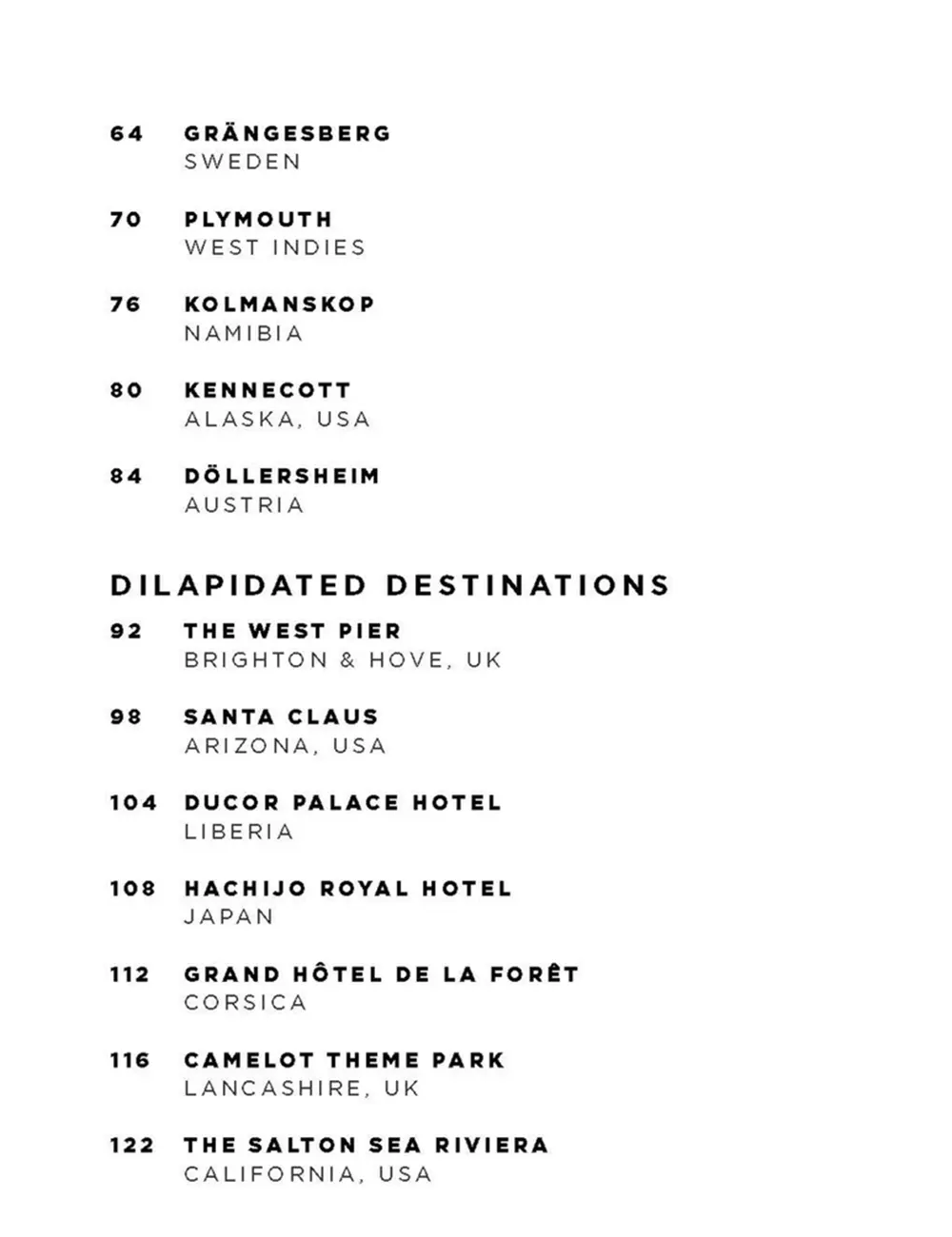 Book contents page featuring 'Dilapidated Destinations' list of abandoned places