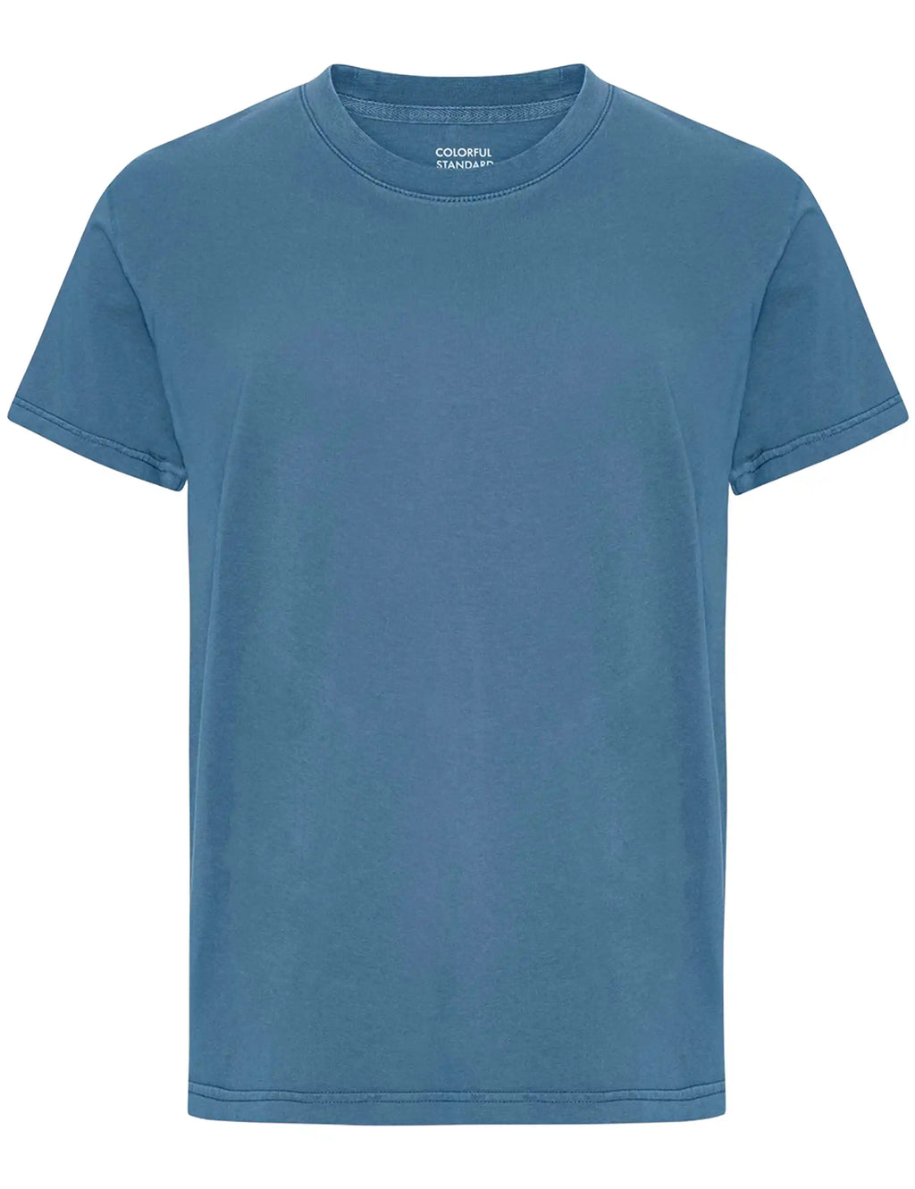 Faded indigo organic t-shirt flat lay with crew neck and short sleeves