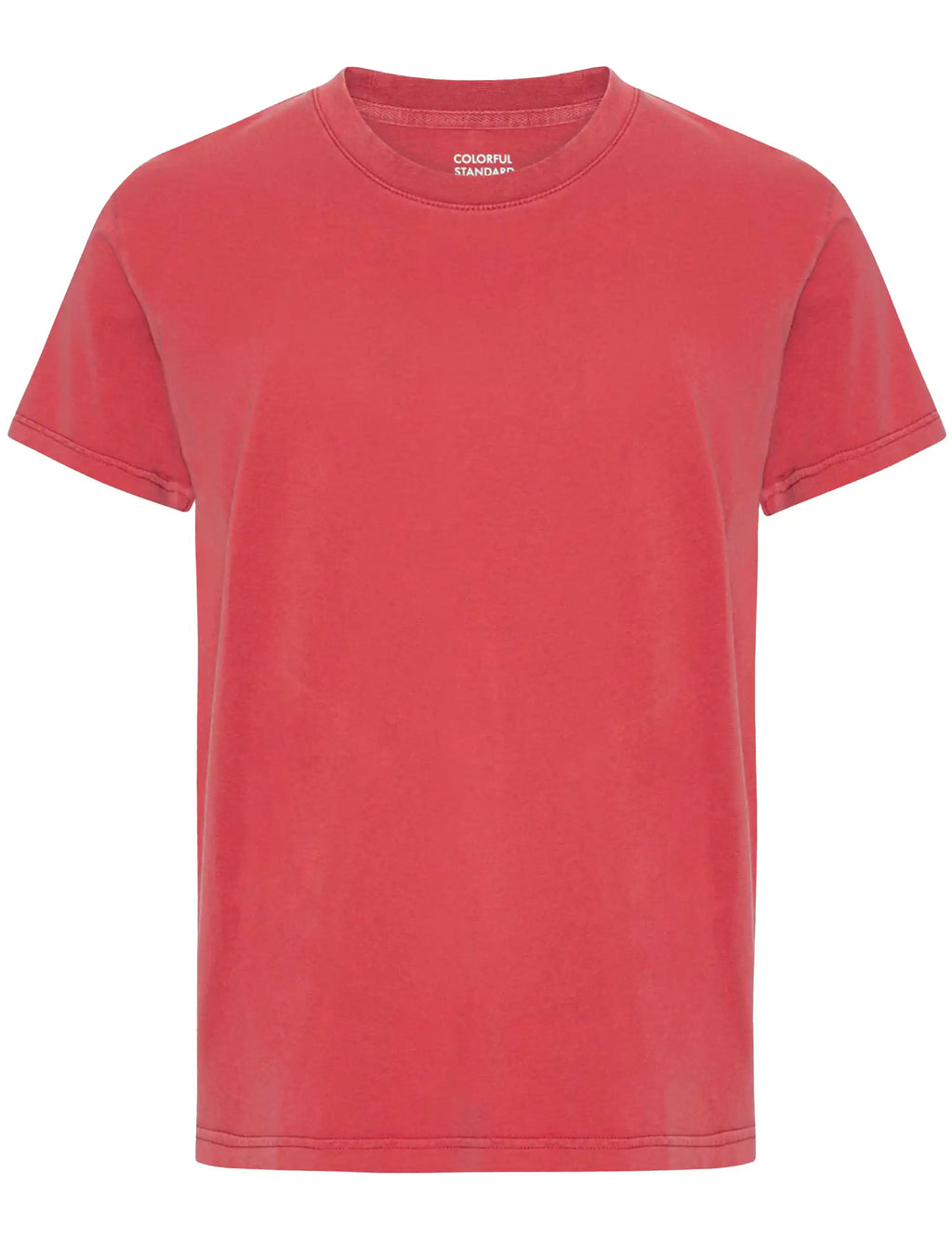 Faded red crew-neck t-shirt with small neckline label