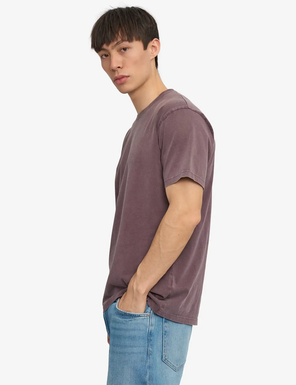 Faded grape purple organic t-shirt, side view, crew neck, short sleeves