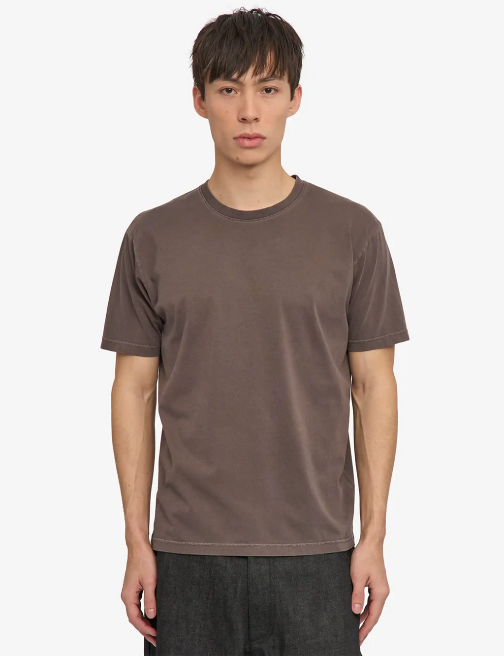 Men's crew-neck short-sleeve T-shirt in faded mud brown, relaxed fit.