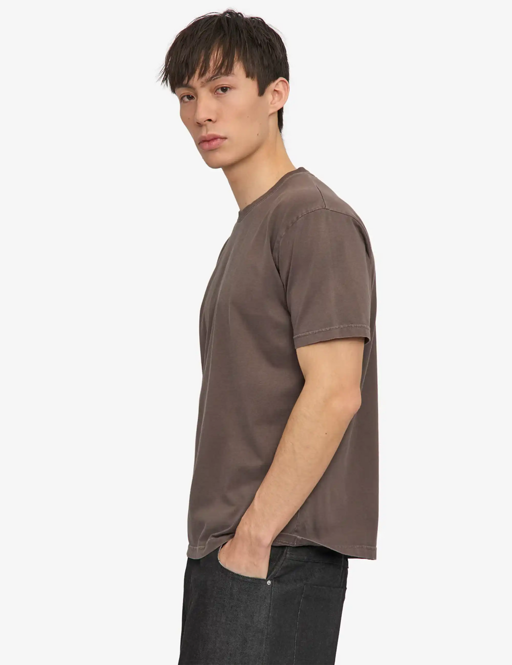 Men's crew-neck short-sleeve T-shirt, faded mud brown, side profile.