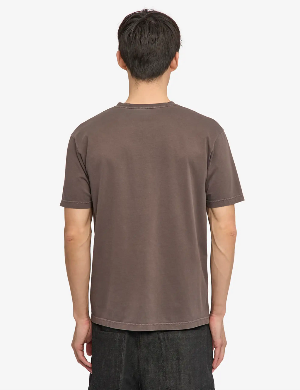 Men's crew-neck short-sleeve T-shirt in faded mud brown, rear view.